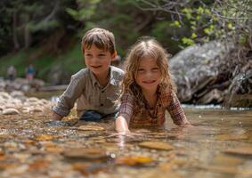 Children playing in a clear stream generated by AI. photo