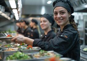 Portrait of happy chefs team standing together in kitchen generated by AI. photo