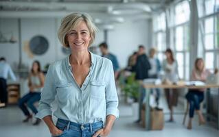 A middle-aged female employee is a supervisor wearing jeans standing in the office generated by AI. photo