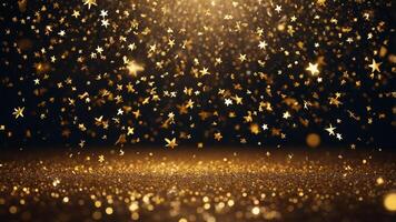 Abstract particle background with sparkling and shining gold stars falling to the floor photo