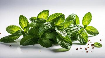 Fresh mint leaves on the kitchen table photo