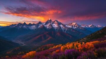 Beginning snowy mountain view with colorful sunset in cloudy sky photo