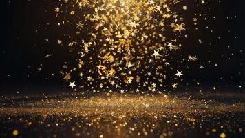 Abstract particle background with sparkling and shining gold stars falling to the floor photo
