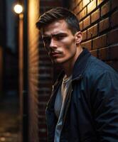 A handsome man with a firm jaw and a cynical gaze leaned against the brick wall of a dimly lit hallway photo