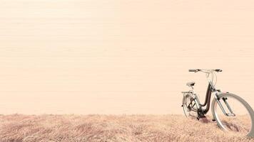 a bicycle is parked in a field with grass photo