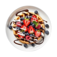 waffles with berries and chocolate sauce on a plate png