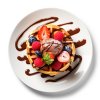 waffle with chocolate sauce and berries on white plate png