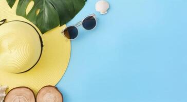 Summer vacation beach accessories on blue photo