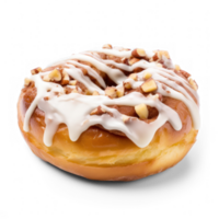 a donut with icing and nuts on a transparent background png