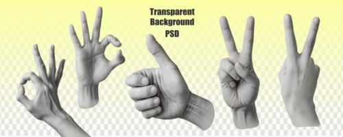 Trendy collage of statue of hands showing gestures such as peace, thumbs up, ok, pointing to an object, greeting, on white background. Modern art in magazine style. Modern design psd