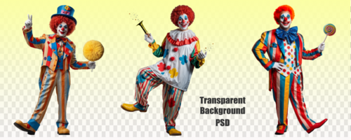 A set of clowns with various fun items. Circus clowns without background. psd