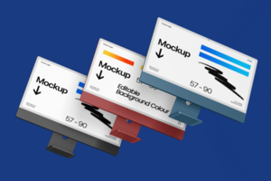 Triple 3d Monitor Desktop Mockup Template with Customizable Background psd