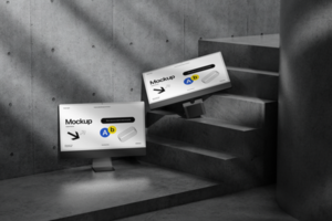 Stylish Desktop Monitor Mockup with Editable Backgrounds on Concrete Steps psd