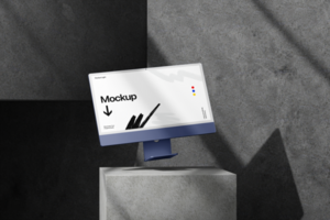 Floating Computer Monitor Mockup on Concrete Background psd