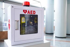 General view of a life saving defibrillator. Portable automated external defibrillator in public photo