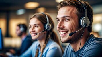 call center worker having fun with his team Smiling customer support employee working to provide customer information over the phone photo