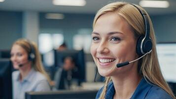 call center worker having fun with his team Smiling customer support employee working to provide customer information over the phone photo