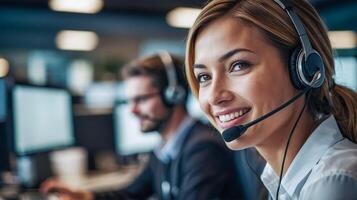 call center worker having fun with his team Smiling customer support employee working to provide customer information over the phone photo