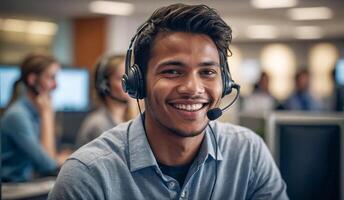 call center worker having fun with his team Smiling customer support employee working to provide customer information over the phone photo