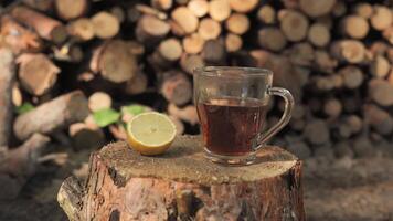 A close-up shot of a cup of tea and a lemon slice sitting on a tree stump in a forest setting. The background is a blurred shot of stacked logs. video