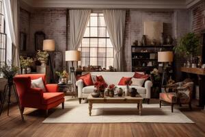 a living room with red chairs and a couch photo