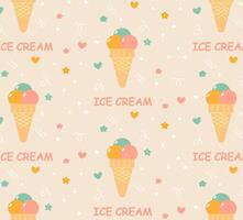 Ice cream seamless pattern. Delicious sweet street food. Cone waffle with filling, ice cream scoops in a cup, ice cream in a cone. Template for background, banner, card, poster. . vector