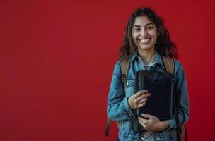 Woman Holding Suitcase and Smiling photo