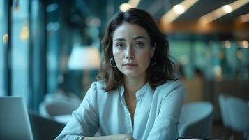 Portrait of young Caucasian businesswoman in office. Adult female professional, confident and photo