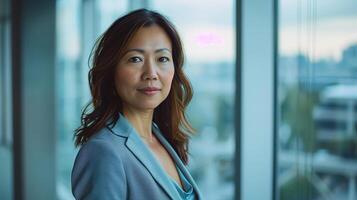 Portrait of mature Asian businesswoman, smiling confidently, successful and experienced, one woman photo