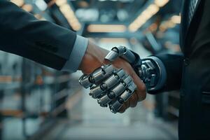 Robot and human handshake concept representing partnership and futuristic technology photo