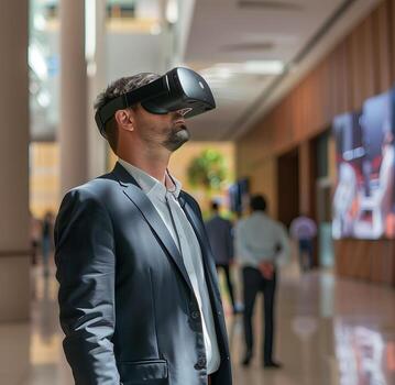 Man using VR headset, business technology in virtual reality, digital device for tech innovation. photo
