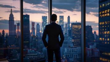 A successful businessman in a modern office building, looking out of the window at the city skyline, photo