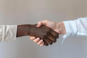 Interracial handshake, unity in diversity. Multiracial businessmen securing a partnership. photo