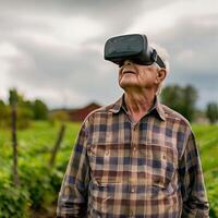 Senior man with beard enjoying VR headset, virtual reality gaming. Happy elderly person with photo