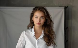 Young model in summer dress, natural makeup, stylish and elegant, fresh look, portrait of beauty and photo