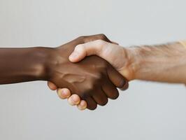 Interracial handshake, friendship and unity, professional business agreement. Diversity and teamwork photo
