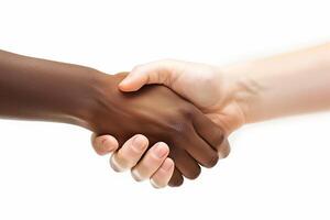 Multiracial handshake, business unity, partnership success. Interracial cooperation, diversity and photo