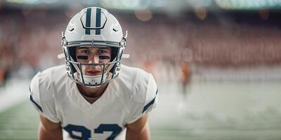 American football player in a white helmet and uniform with black stripes under his eyes. Close-up of the face. He stands on the field against the background of the grandstand of the big arena photo