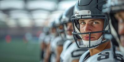 American football players in a gray helmet and white uniform turned around and lined up before practice. Copy space photo