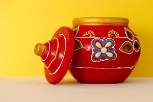 Navratri Festival earthen clay pot. known as Garba is worshipped religiously. also lighting up a diya and place inside the pot. popular festival specially in Gujarat. photo