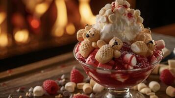 As the fire roars in the background a whimsical sundae is served featuring a tower of soft marshmallow teddy bears perched on top of a scoop of strawberry ice cream surrounde photo