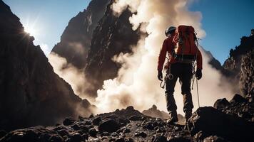 mountain climber with a view of the mountain gas coming out photo