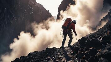 mountain climber with a view of the mountain gas coming out photo