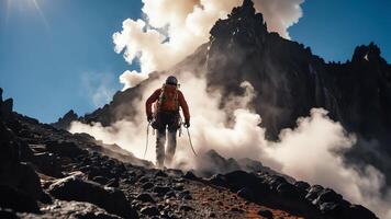 mountain climber with a view of the mountain gas coming out photo