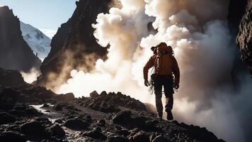 mountain climber with a view of the mountain gas coming out photo