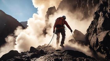 mountain climber with a view of the mountain gas coming out photo
