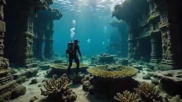 cuba divers are in the water near the wrecks of buildings and sunken objects photo
