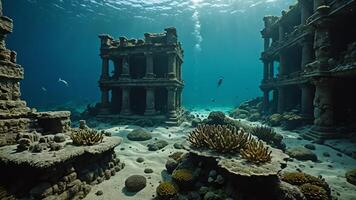 scuba divers are in the water near the wrecks of buildings and sunken objects photo