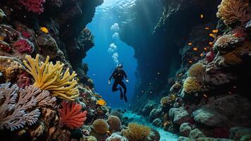 divers are exploring underwater cliff, deep sea underwater cliff views photo