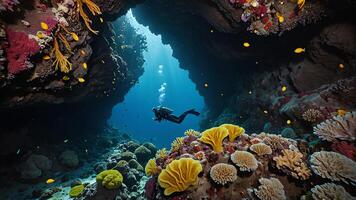 divers are exploring underwater cliff, deep sea underwater cliff views photo